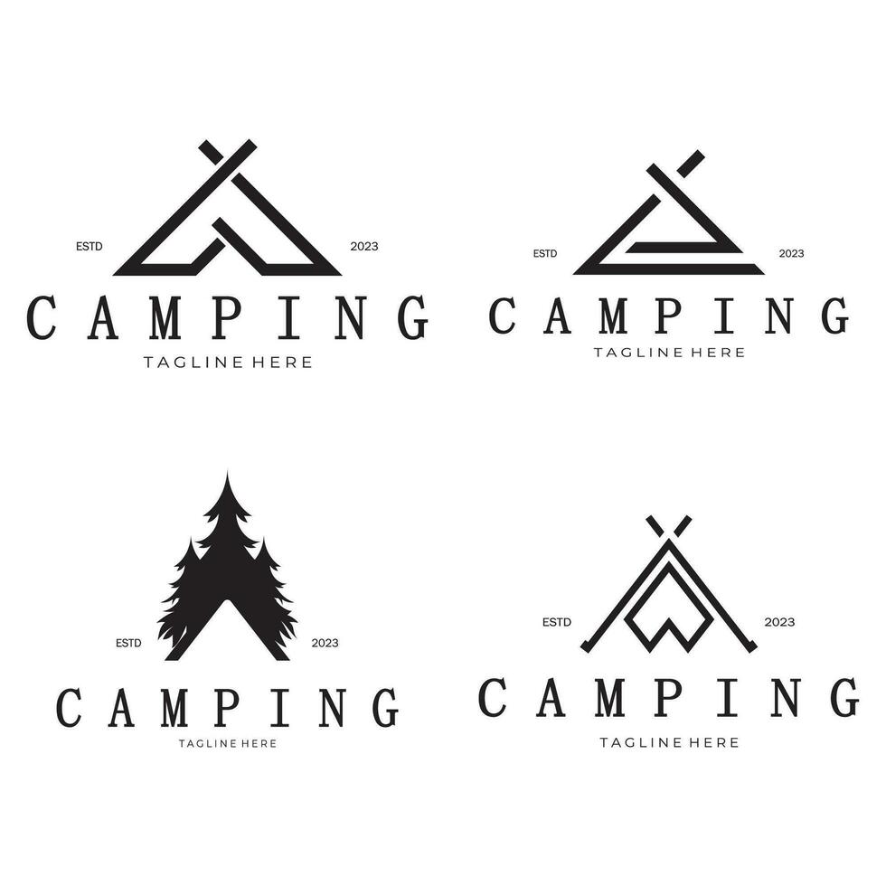 Clásico y retro tienda logo, cámping. con carpa, árbol y hoguera signo. aventureros, exploradores, escaladores, cámping equipo centrar vector