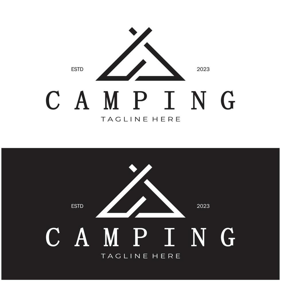 Clásico y retro tienda logo, cámping. con carpa, árbol y hoguera signo. aventureros, exploradores, escaladores, cámping equipo centrar vector