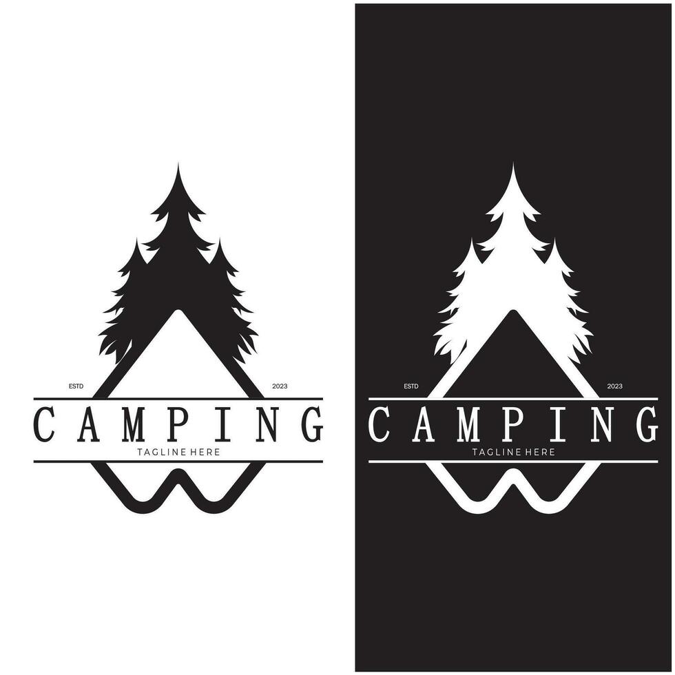 Clásico y retro tienda logo, cámping. con carpa, árbol y hoguera signo. aventureros, exploradores, escaladores, cámping equipo centrar vector