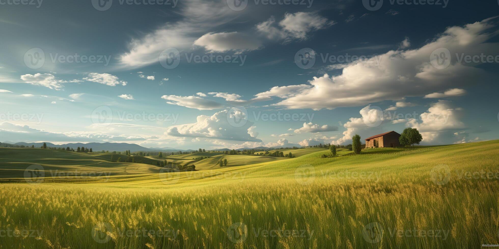 . . Photo realistic Illustration of green field grass hills landscape. Graphic Art