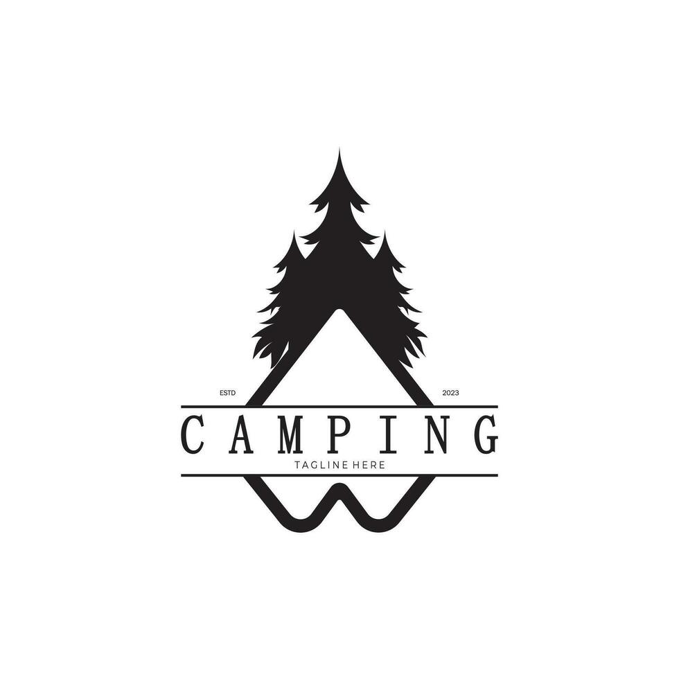 Clásico y retro tienda logo, cámping. con carpa, árbol y hoguera signo. aventureros, exploradores, escaladores, cámping equipo centrar vector