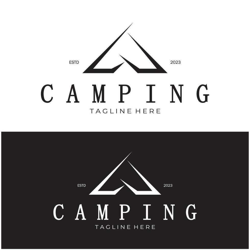 Clásico y retro tienda logo, cámping. con carpa, árbol y hoguera signo. aventureros, exploradores, escaladores, cámping equipo centrar vector