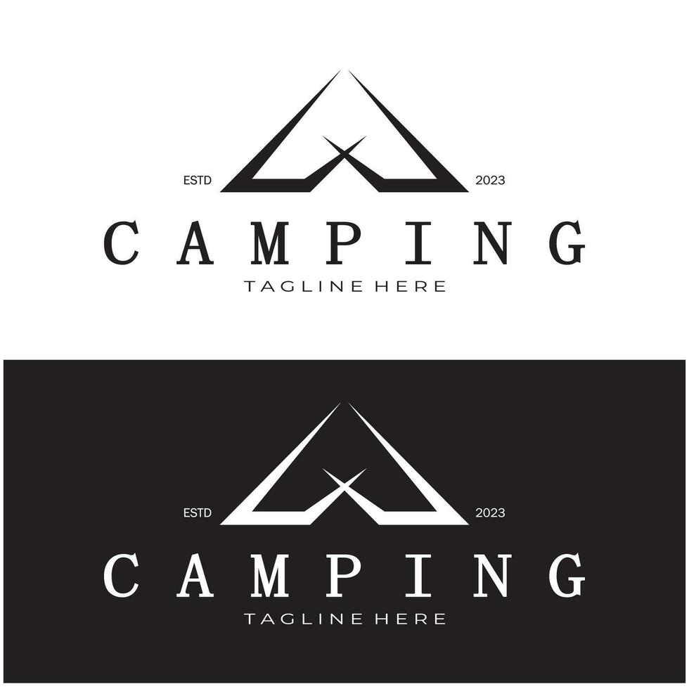 Clásico y retro tienda logo, cámping. con carpa, árbol y hoguera signo. aventureros, exploradores, escaladores, cámping equipo centrar vector