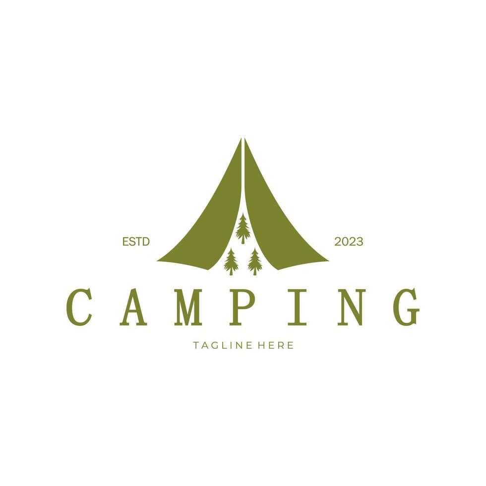 Clásico y retro tienda logo, cámping. con carpa, árbol y hoguera signo. aventureros, exploradores, escaladores, cámping equipo centrar vector