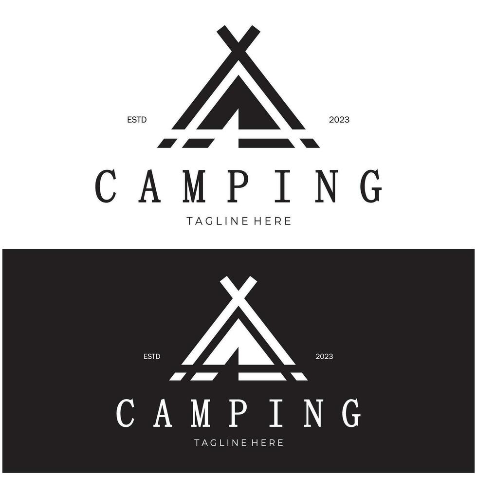 Clásico y retro tienda logo, cámping. con carpa, árbol y hoguera signo. aventureros, exploradores, escaladores, cámping equipo centrar vector