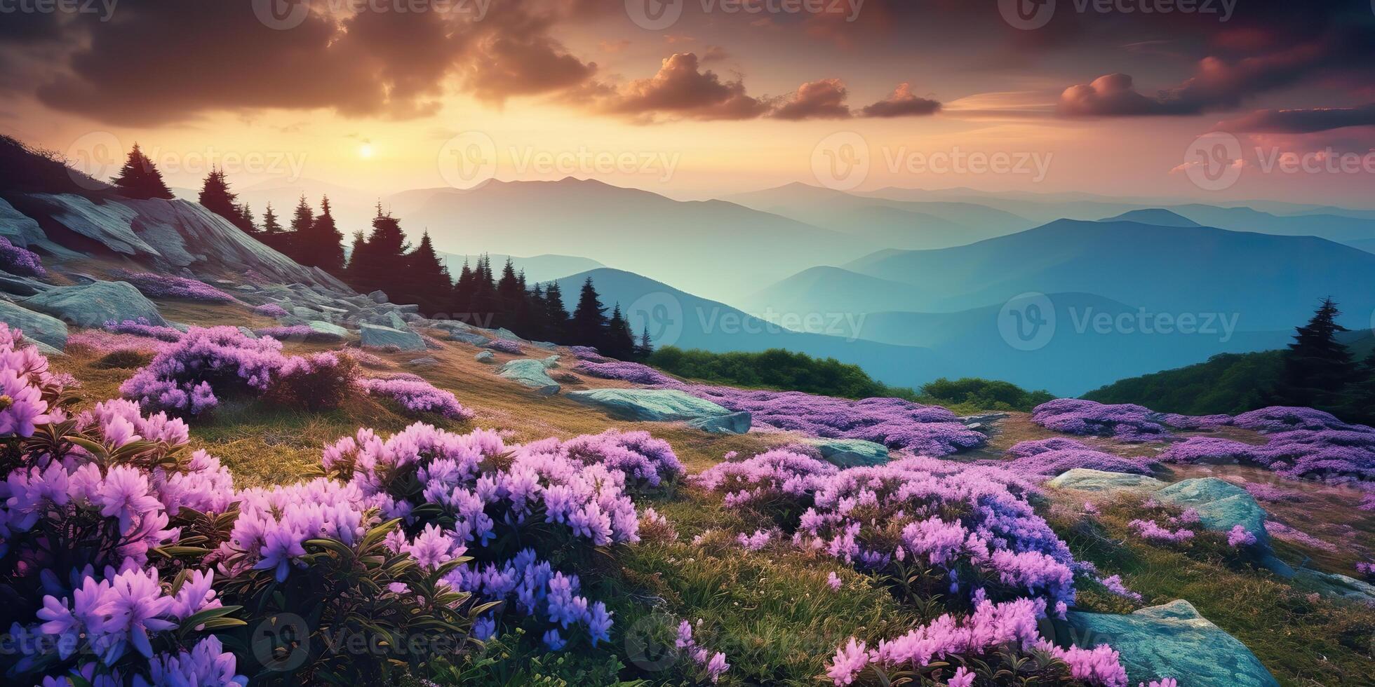ai generado. ai generativo. hermosa rododendro flores terminado puesta de sol montañas campo paisaje. gráfico Arte foto