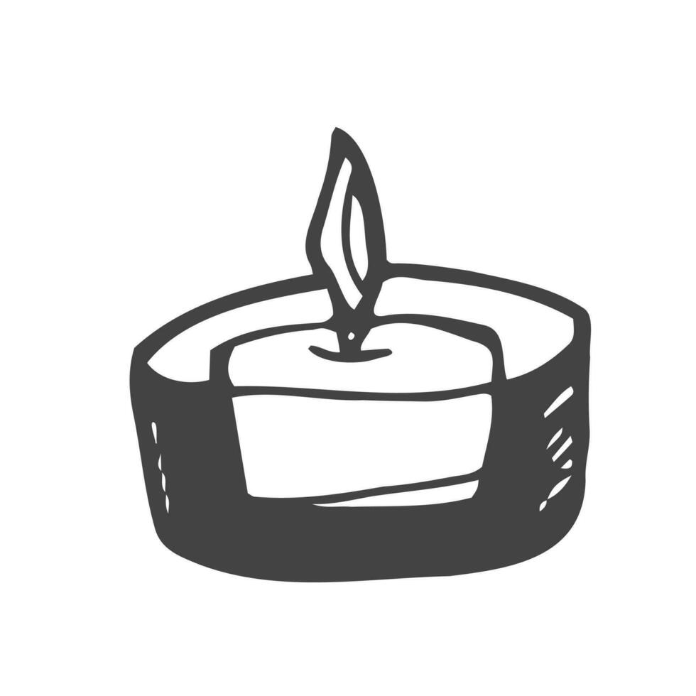 Burning aroma candle in a glass jar isolated on white background. Vector hand-drawn illustration in doodle style. Aromatherapy, relaxation design element. Suitable for cards, logos, decorations.