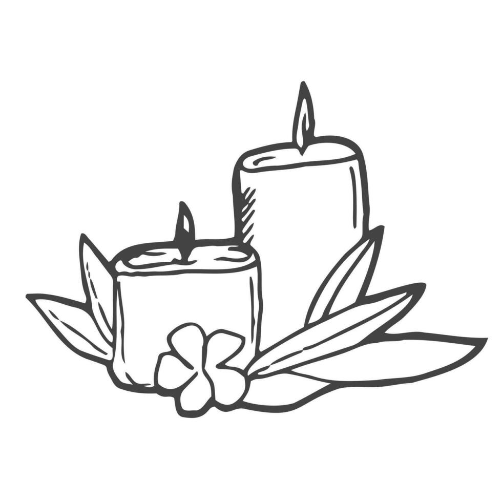 Burning aroma candle in a glass jar isolated on white background. Vector hand-drawn illustration in doodle style. Aromatherapy, relaxation design element. Suitable for cards, logos, decorations.