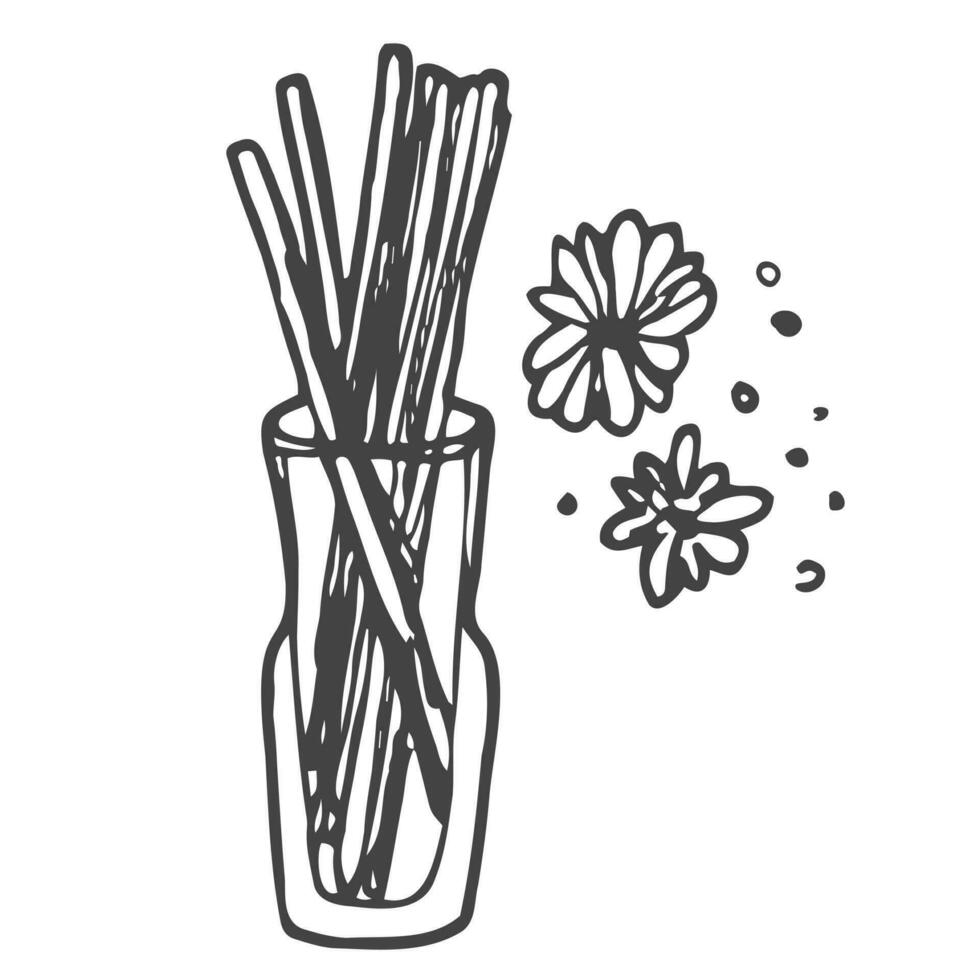 Aroma reed diffuser and flowers icon doodle illustration in vector. Hand drawn aroma reed diffuser in vector