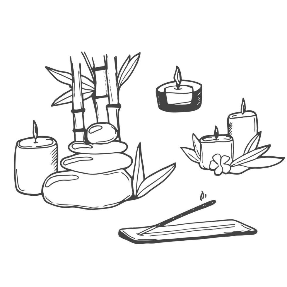 Hand drawn set of candles. Doodle candles. Burning aroma candles in glass jars doodle vector