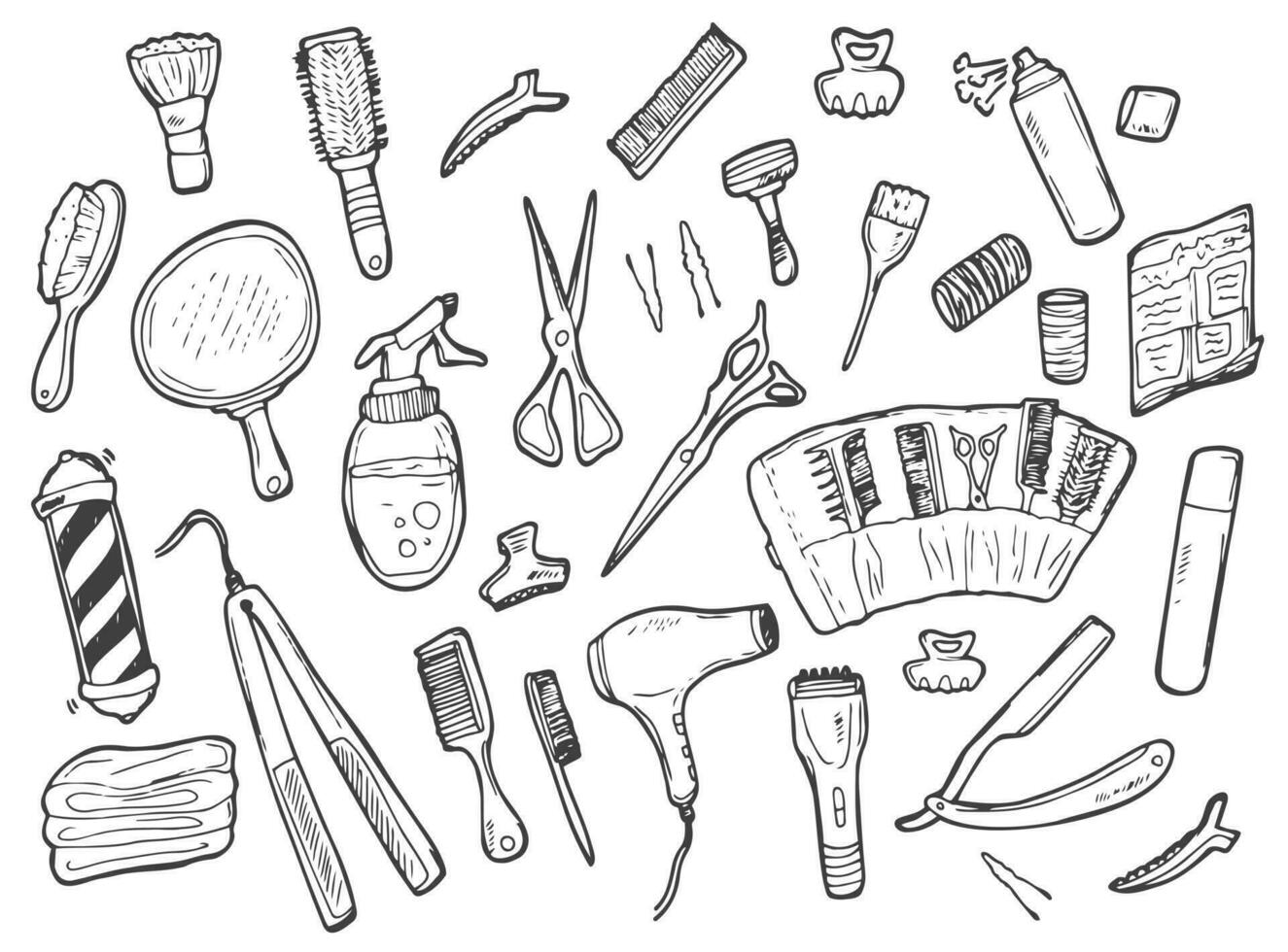 Set of doodles on the theme of hairdressing. icons, freehand drawing. hair dryer, scissors, combs and other items on white background vector