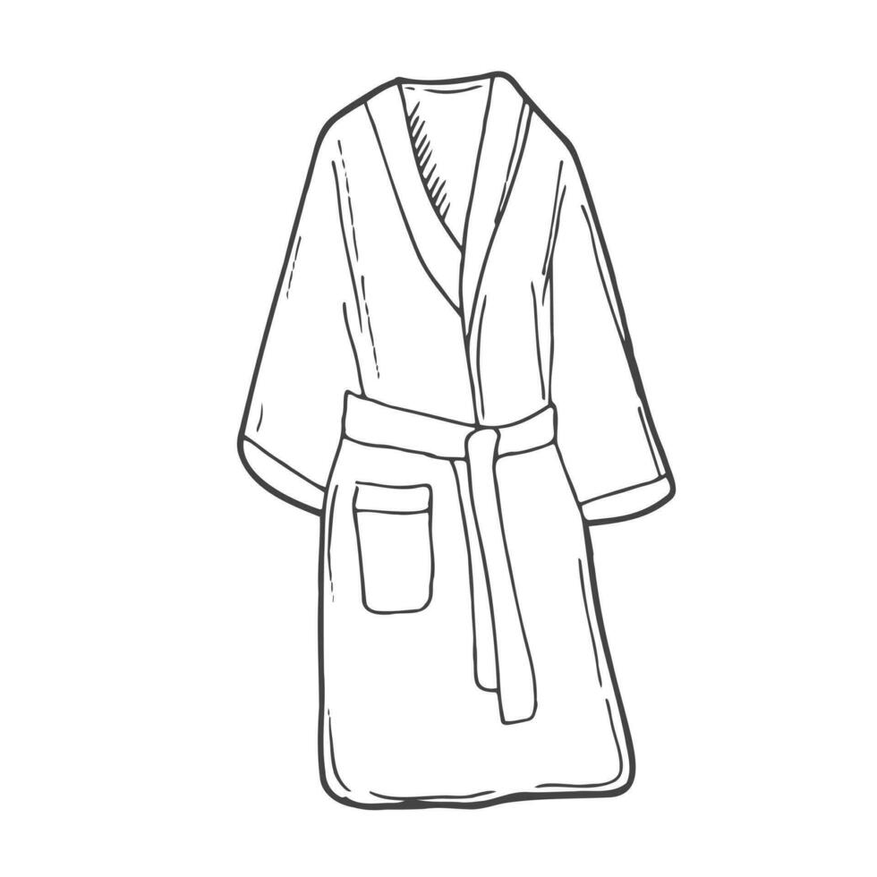 Bathrobe, comfortable home clothes. Vector black-and-white hand-drawn illustration. Clipart, logo, doodle, sketch.