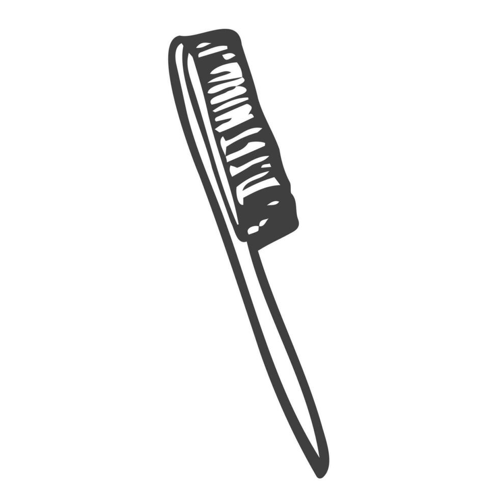 Flat comb hair with handle in doodle style. Isolated outline. Hand drawn vector illustration in black ink on white background.
