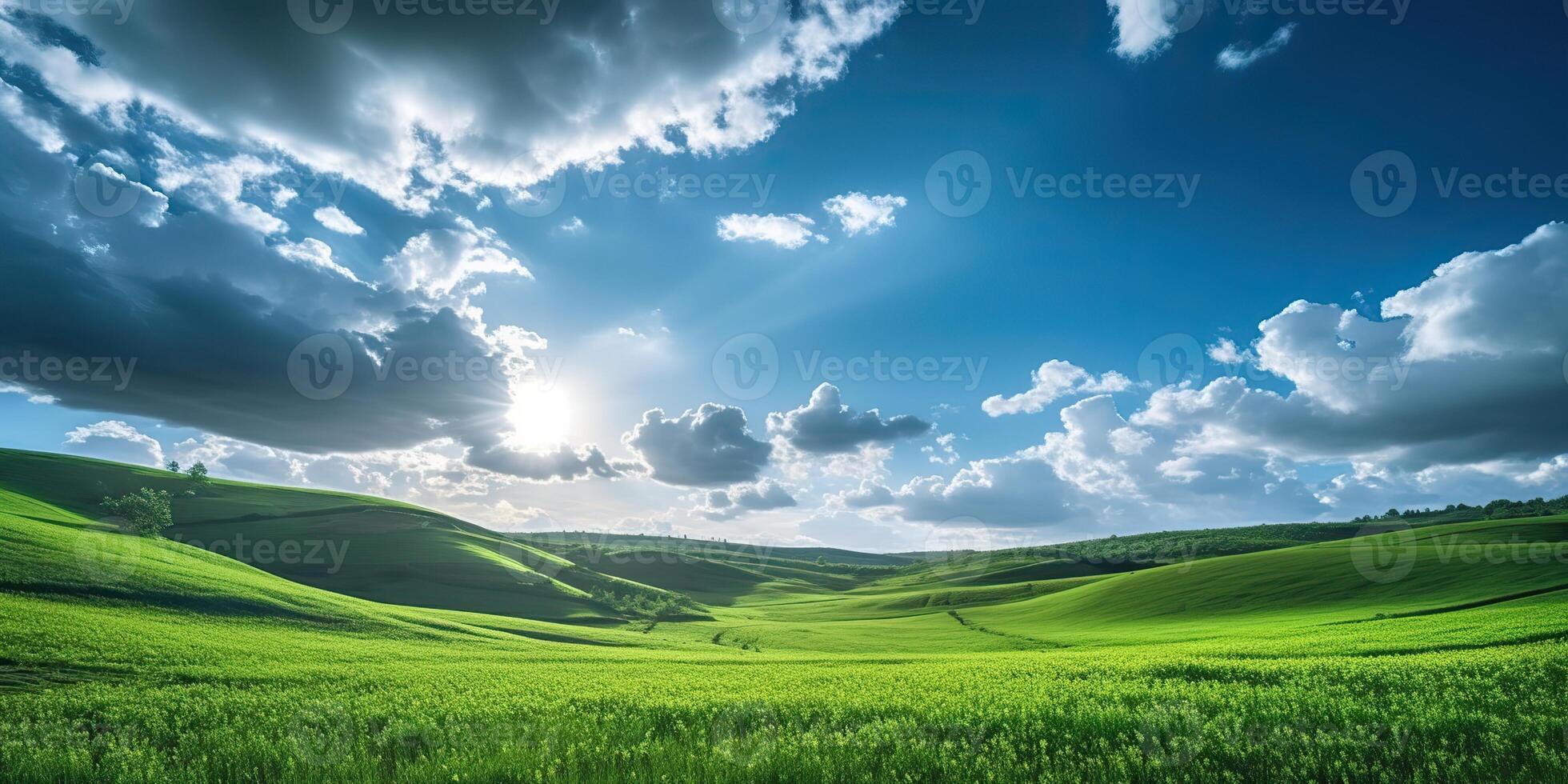. . Photo realistic Illustration of green field grass hills landscape. Graphic Art