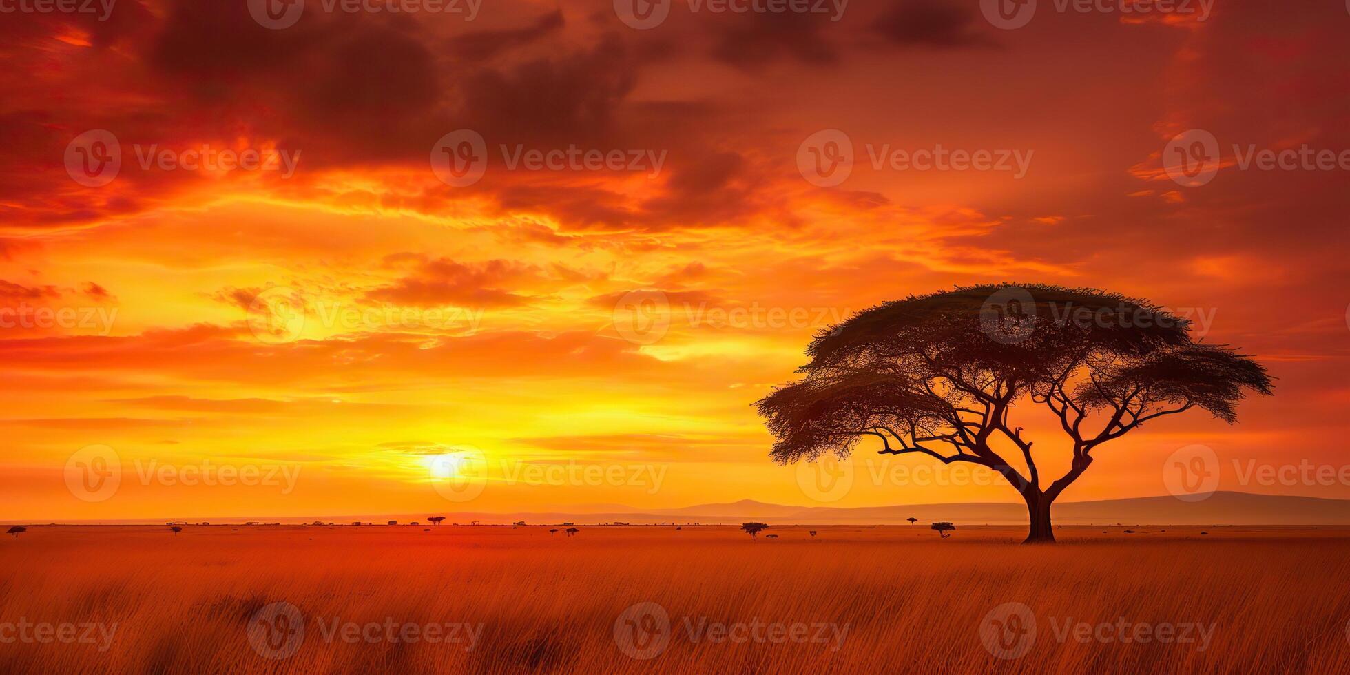 . . Photo realistic illustration of sunset tree of life outdoor scene. Graphic Art