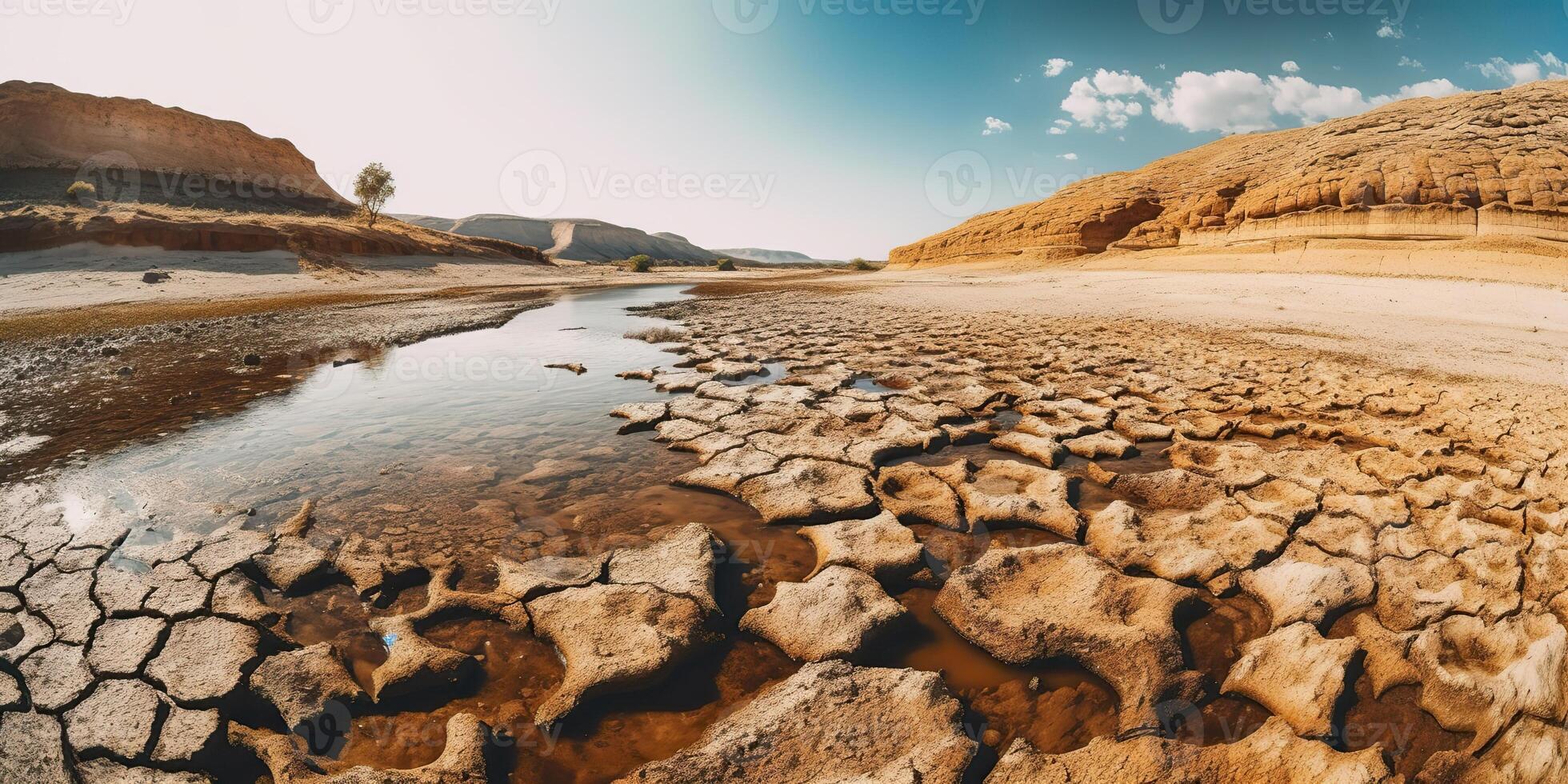 . . Dried lake and river on hot no rain summer season. Adventure wild outdoor nature vibe. Graphic Art photo