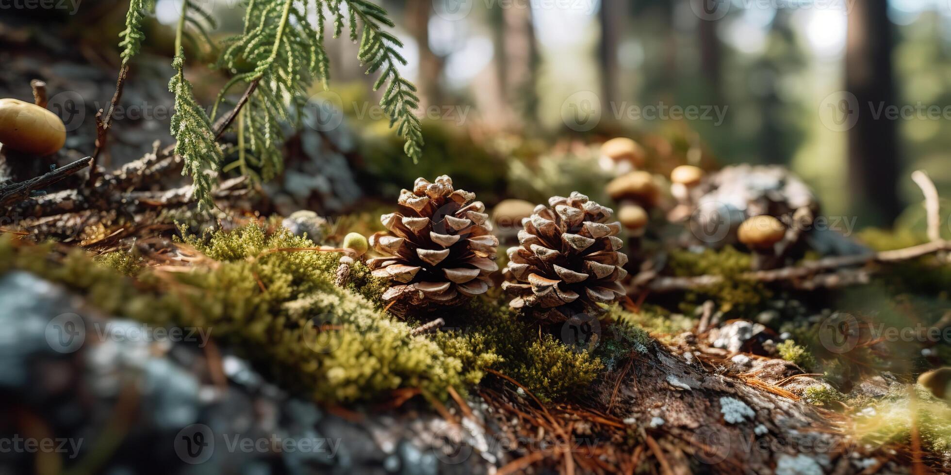 . . Close macro shot illustration of wild forest cone grass elements. Adventure outdoor vibe. Graphic Art photo