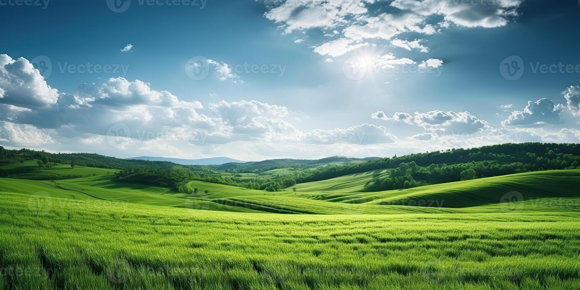 . . Photo realistic Illustration of green field grass hills landscape. Graphic Art