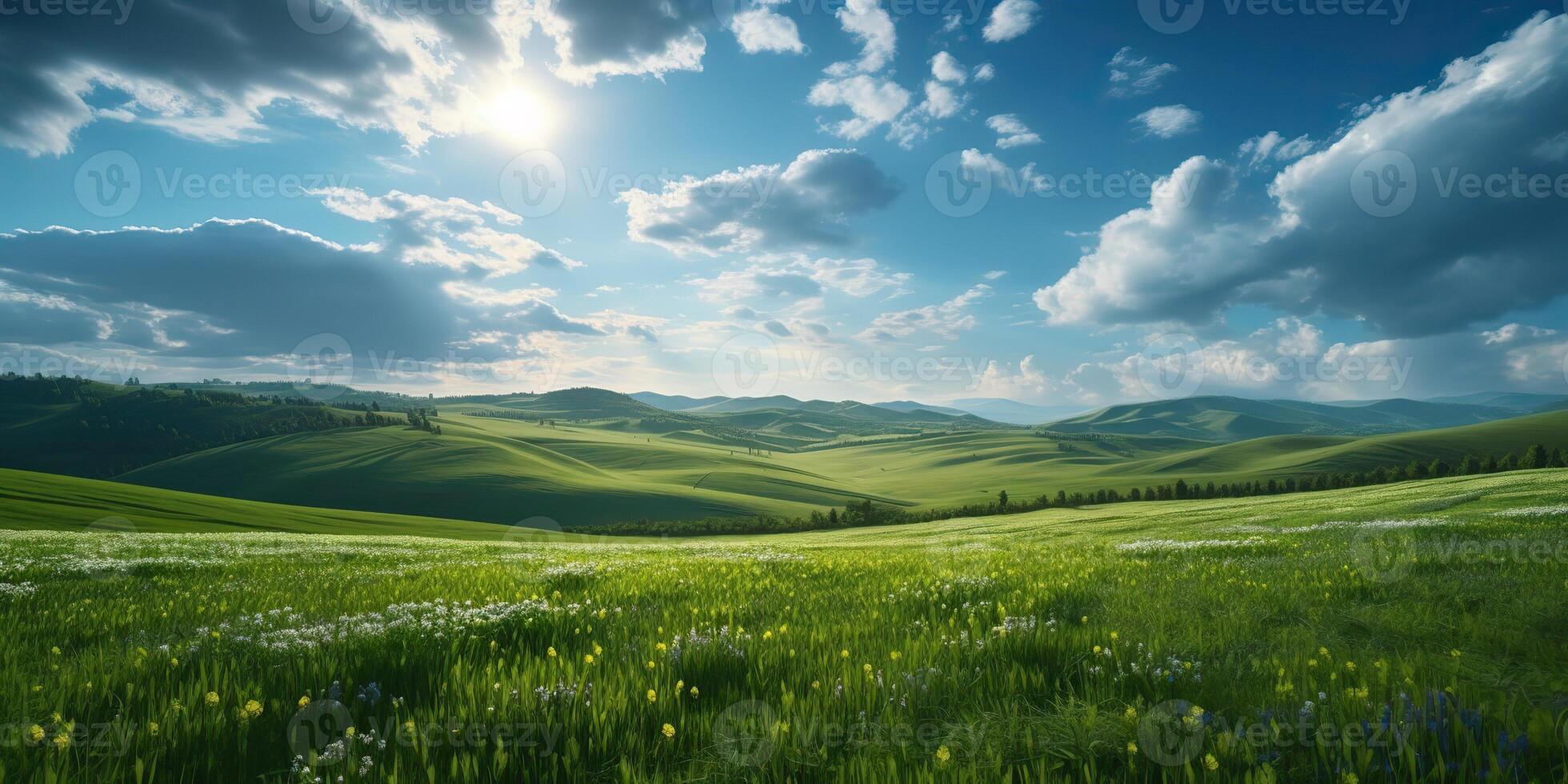 . . Photo realistic Illustration of green field grass hills landscape. Graphic Art