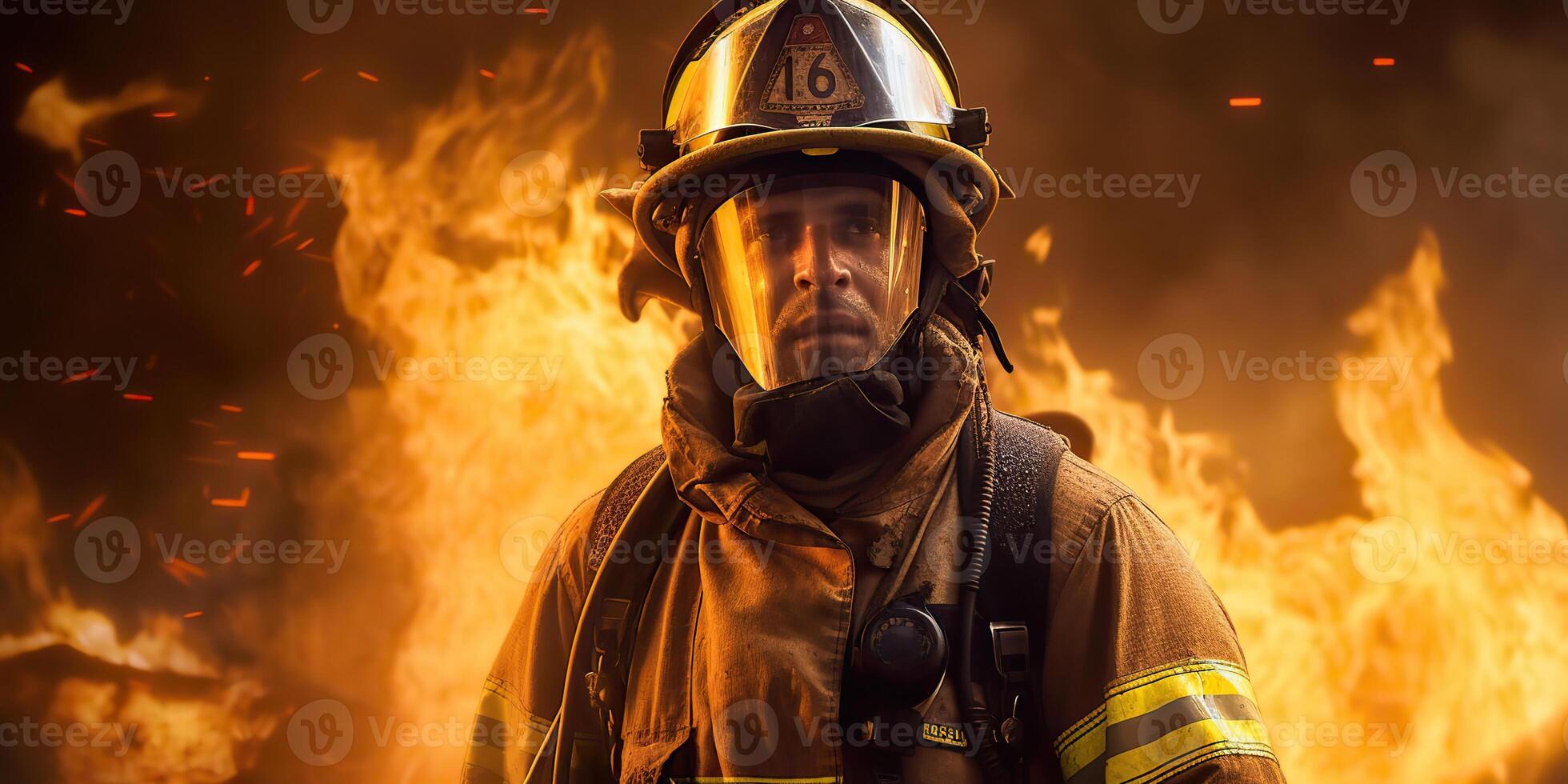 . . Photo illustration of firefighter fireman man rescue department at fire burn landscape. Dangerous hard hero work. Graphic Art