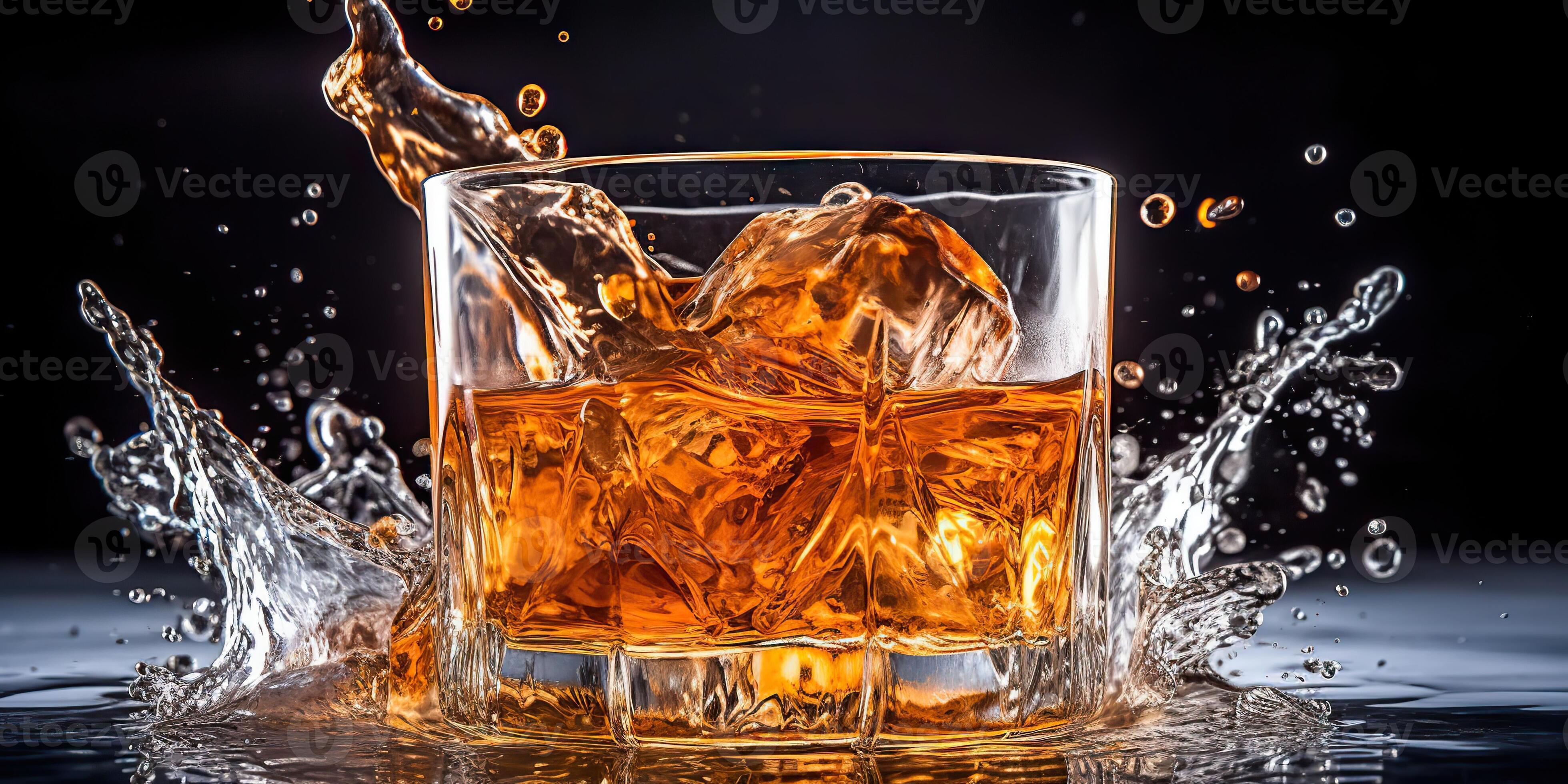 A glass of whiskey and ice cubes