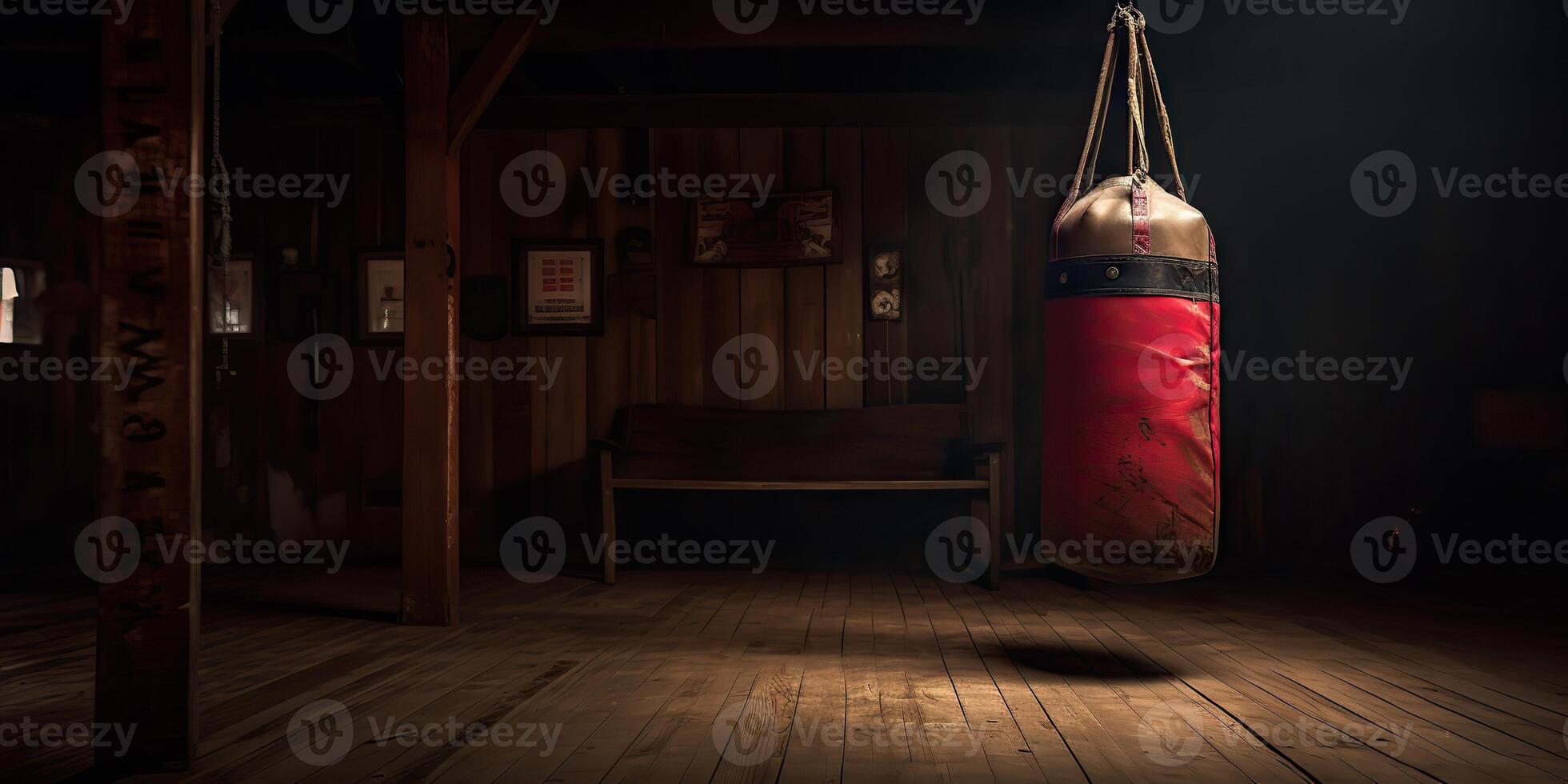. . Old vintage gym room with old vintage boxing leather bag. Mexican American athlete vibe. Graphic Art photo