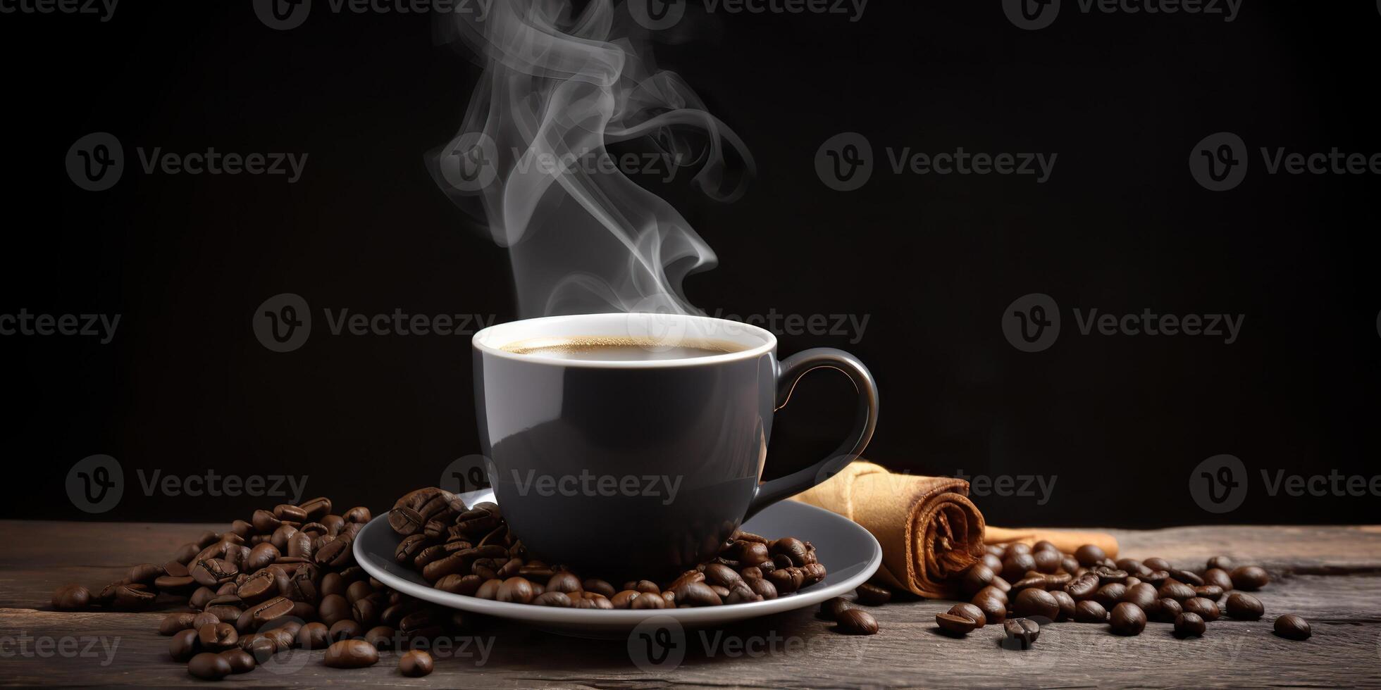 . . Morning breakfast coffee cup mug with plate beans abd aroma smoke. Graphic Art photo