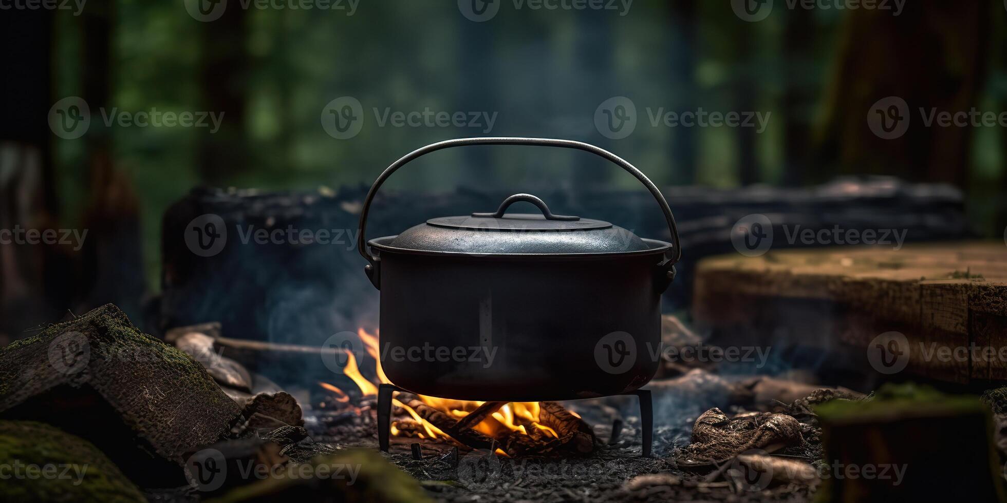 . . Camping rest food dinnet cook in the green forest. Adventure wild bushcraft explore vibe. Graphic Art photo