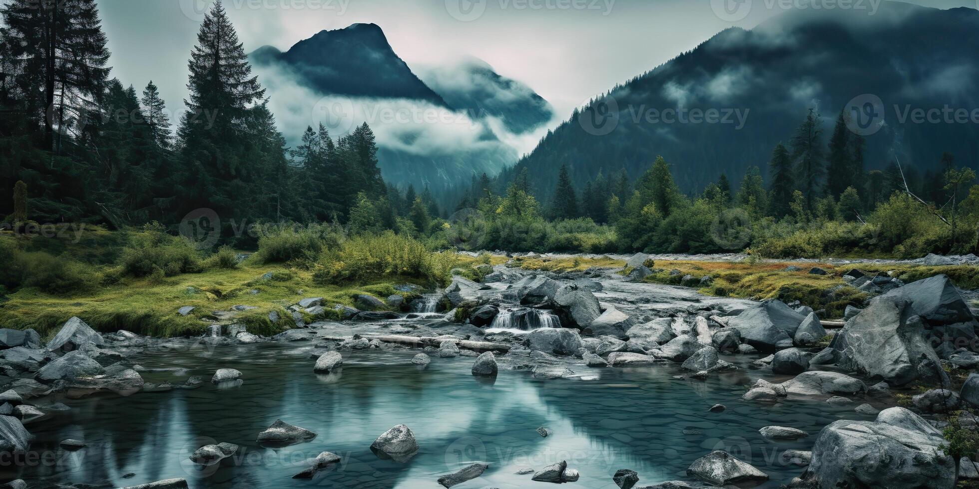 ai generado. ai generativo. foto ilustración de salvaje naturaleza al aire libre montaña cascada paisaje en lluvia verde día. gráfico Arte