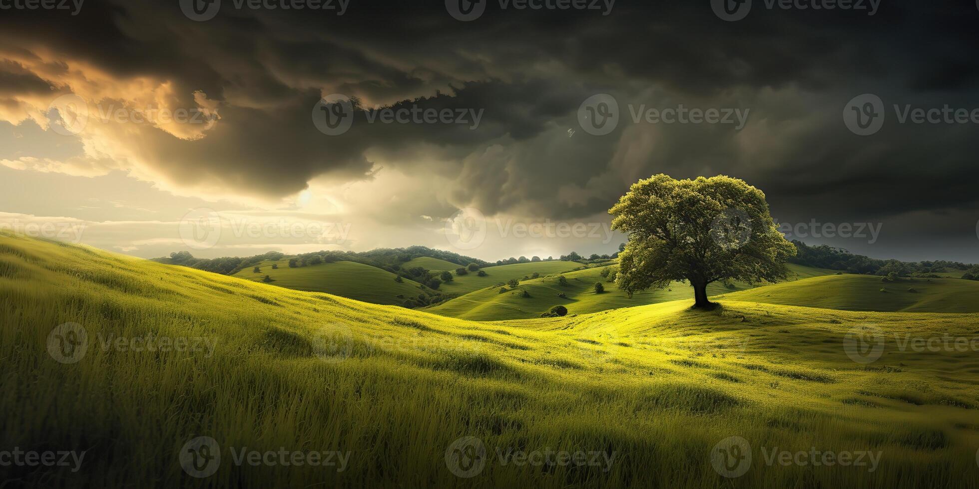 . . Photo realistic Illustration of green field grass hills landscape. Graphic Art