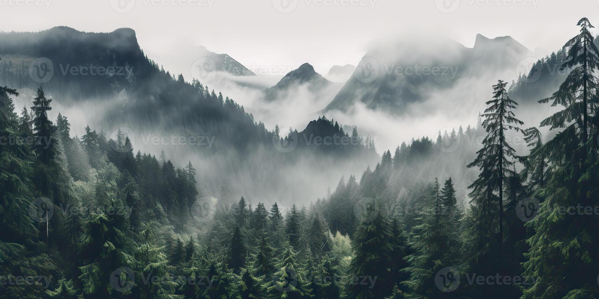 . . Photo realistic illustration of mountains forest fog morning mystic. Graphic Art