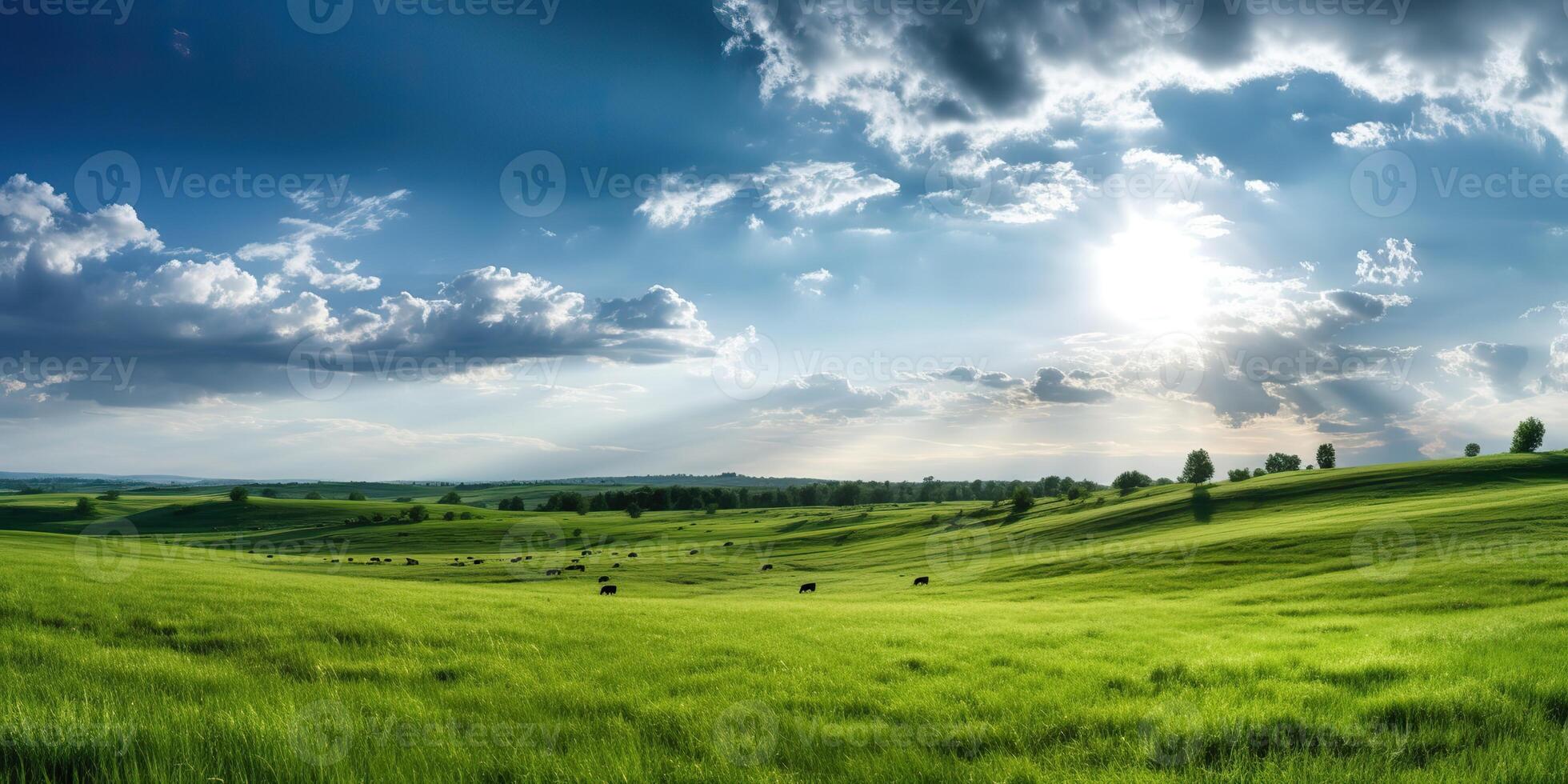 . . Photo realistic Illustration of green field grass hills landscape. Graphic Art