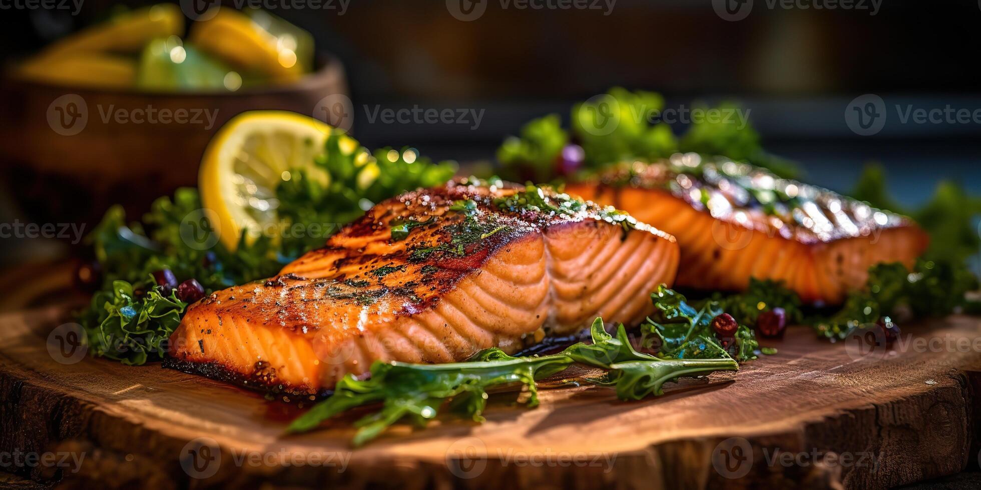 . . Photo illustration of bbq grilled fresh baked steak salmon with salad. Graphic Art