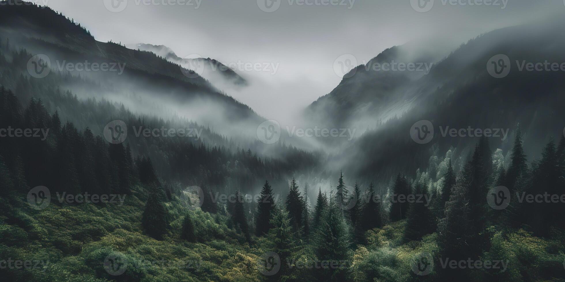 . . Photo realistic illustration of mountains forest fog morning mystic. Graphic Art