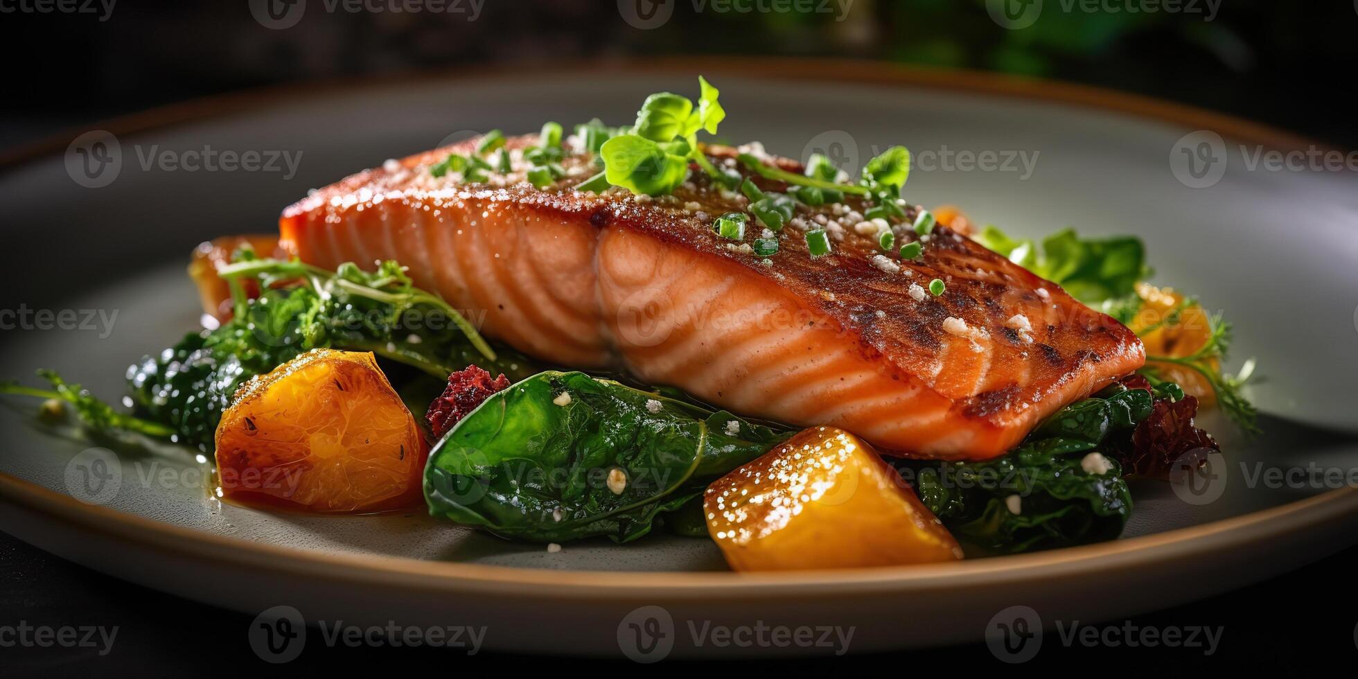 . . Photo illustration of bbq grilled fresh baked steak salmon with salad. Graphic Art