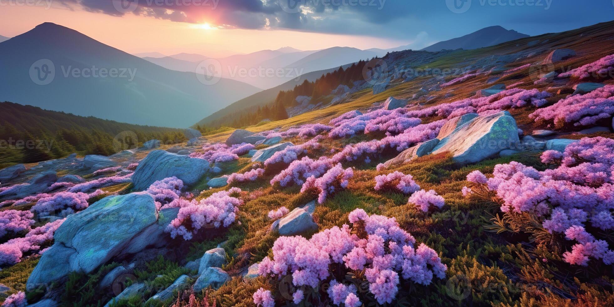 . . Beautiful rhododendron flowers over sunset mountains field landscape. Graphic Art photo