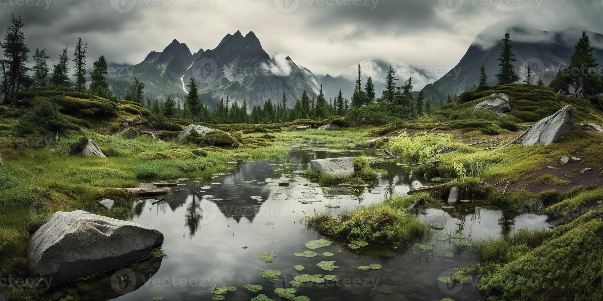 . . Photo illustration of wild nature outdoor mountain waterfall landscape on rain green day. Graphic Art