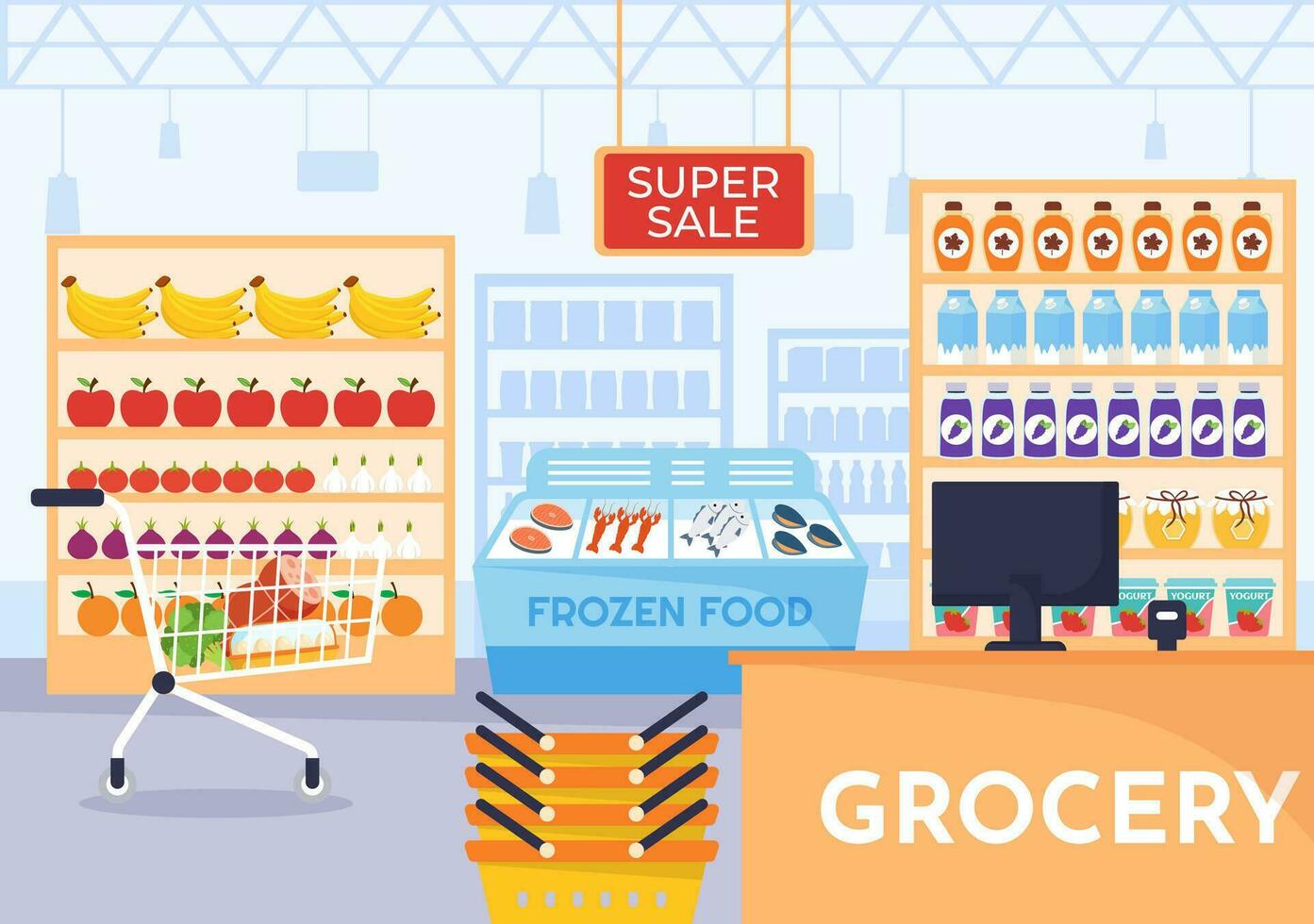 Food Grocery Store Shopping Vector Illustration with Foods Items and Products Assortiment on the Supermarket in Flat Cartoon Hand Drawn Templates