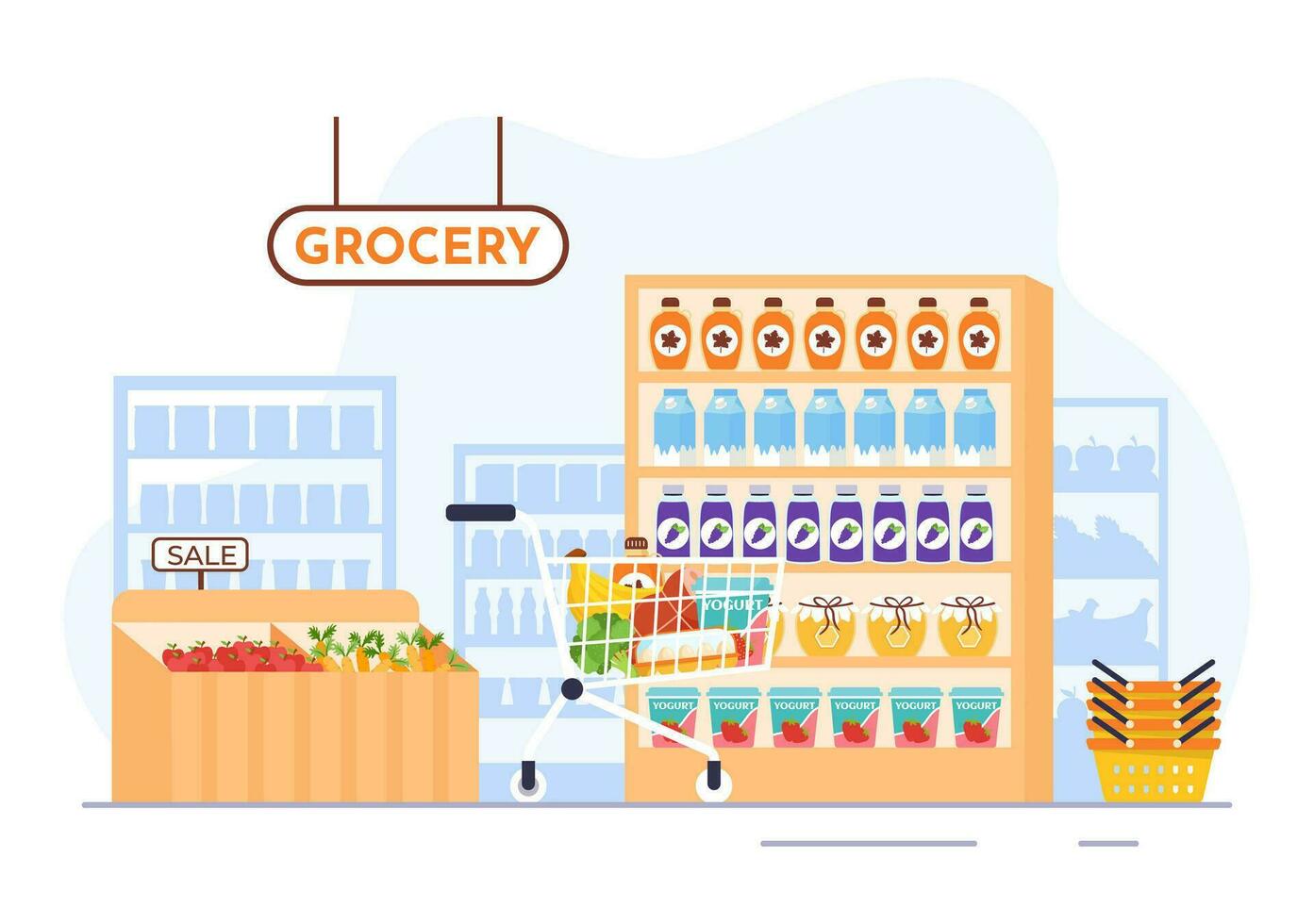 Food Grocery Store Shopping Vector Illustration with Foods Items and Products Assortiment on the Supermarket in Flat Cartoon Hand Drawn Templates