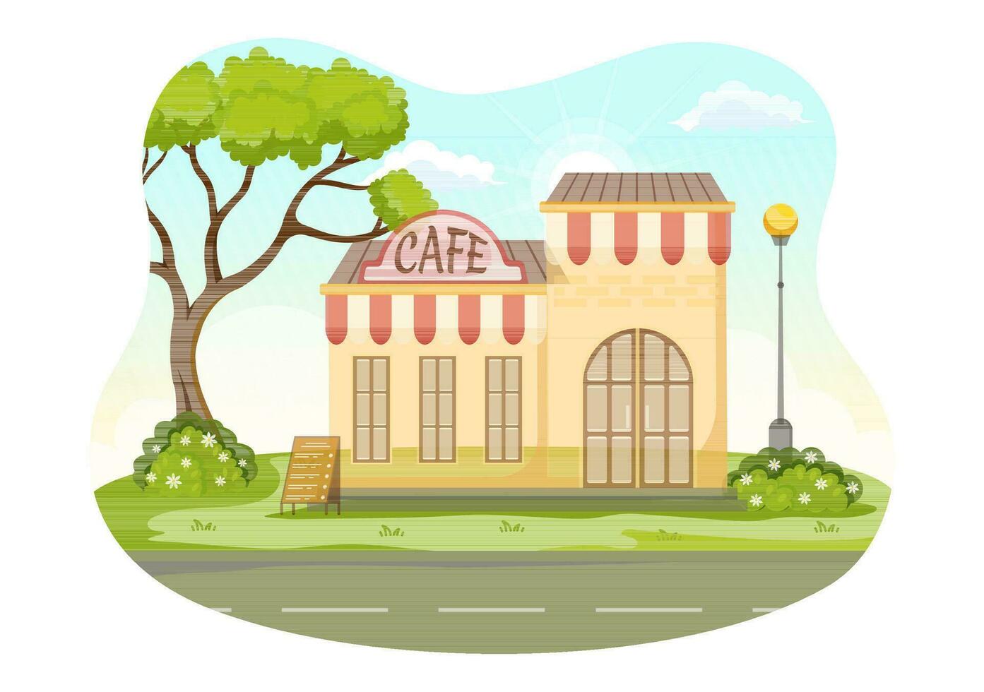café vector ilustración de interior con bar pararse, mesa y sillones en plano dibujos animados mano dibujado aterrizaje página restaurante antecedentes plantillas