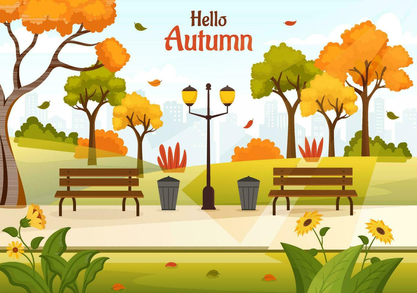 otoño vector ilustración panorámico de montañas y arce arboles caído con amarillo follaje en plano dibujos animados mano dibujado aterrizaje página plantillas
