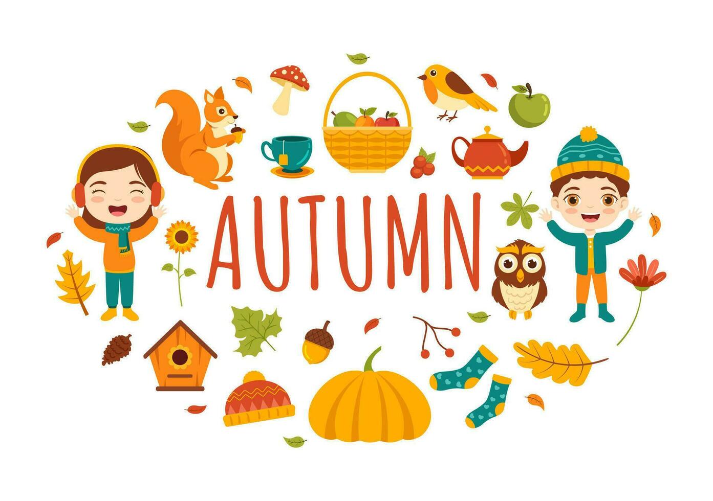 Autumn Vector Illustration Kids Panoramic of Mountains and Maple Trees Fallen with Yellow Foliage in Cartoon Hand Drawn Landing Page Templates
