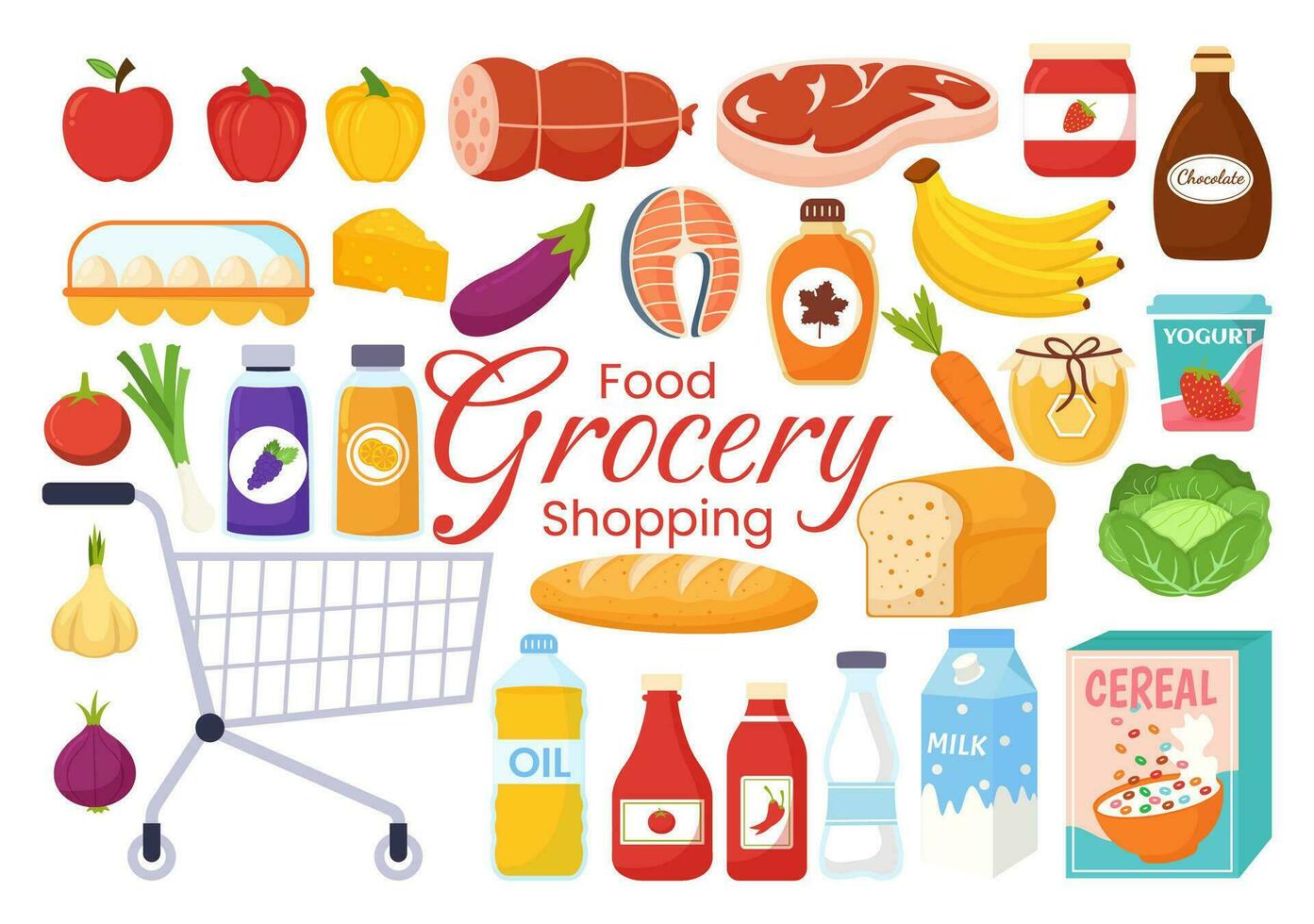 Food Grocery Store Shopping Vector Illustration with Foods Items and Products Assortiment on the Supermarket in Flat Cartoon Hand Drawn Templates