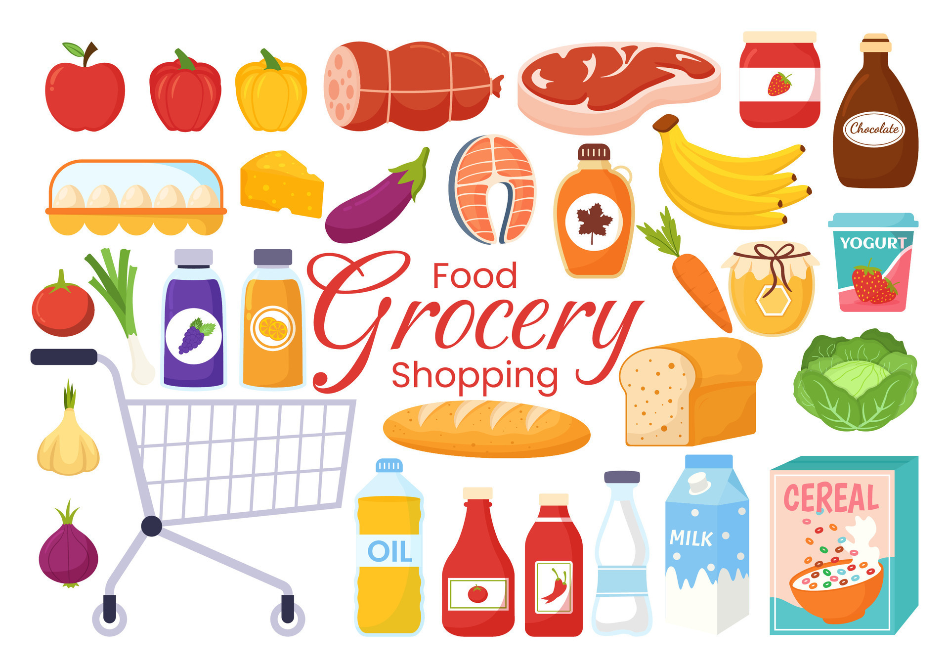 Food Grocery Store Shopping Vector Illustration with Foods Items and