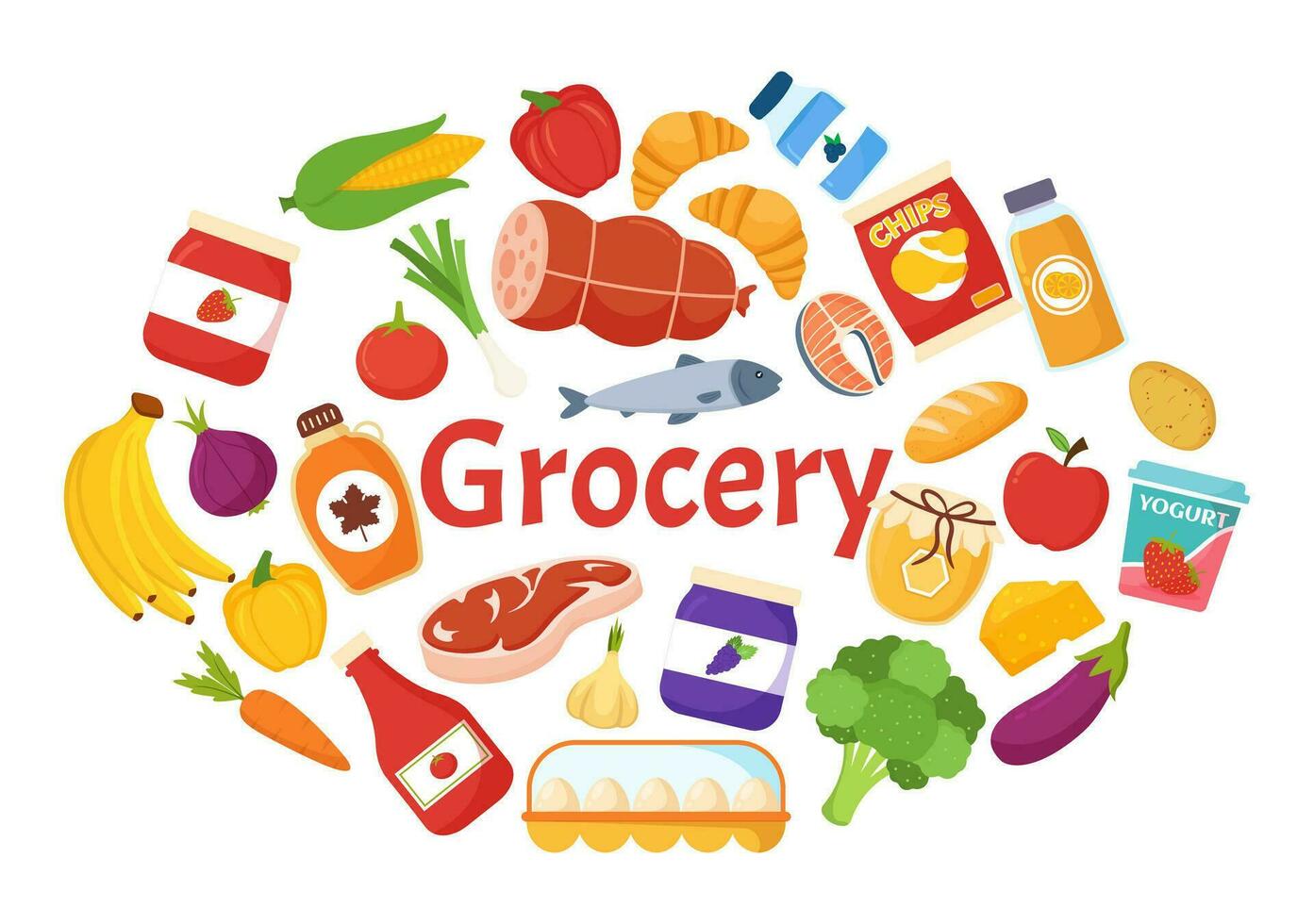 Food Grocery Store Shopping Vector Illustration with Foods Items and ...