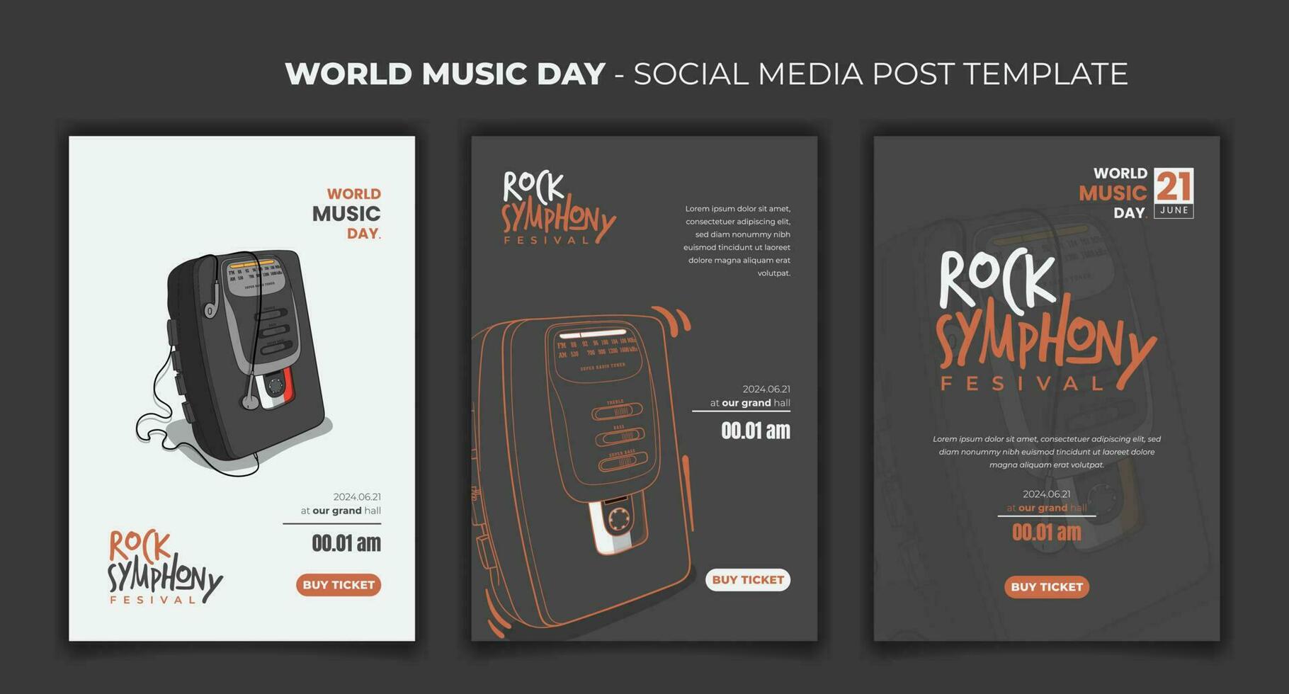 social medios de comunicación enviar modelo para música día con portátil casete jugador en dibujos animados línea Arte diseño vector