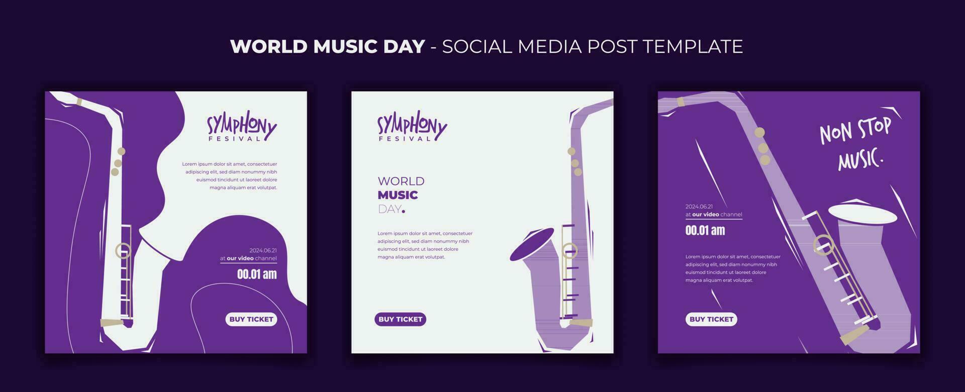 social media post template with flat saxophone design in purple and white background design vector