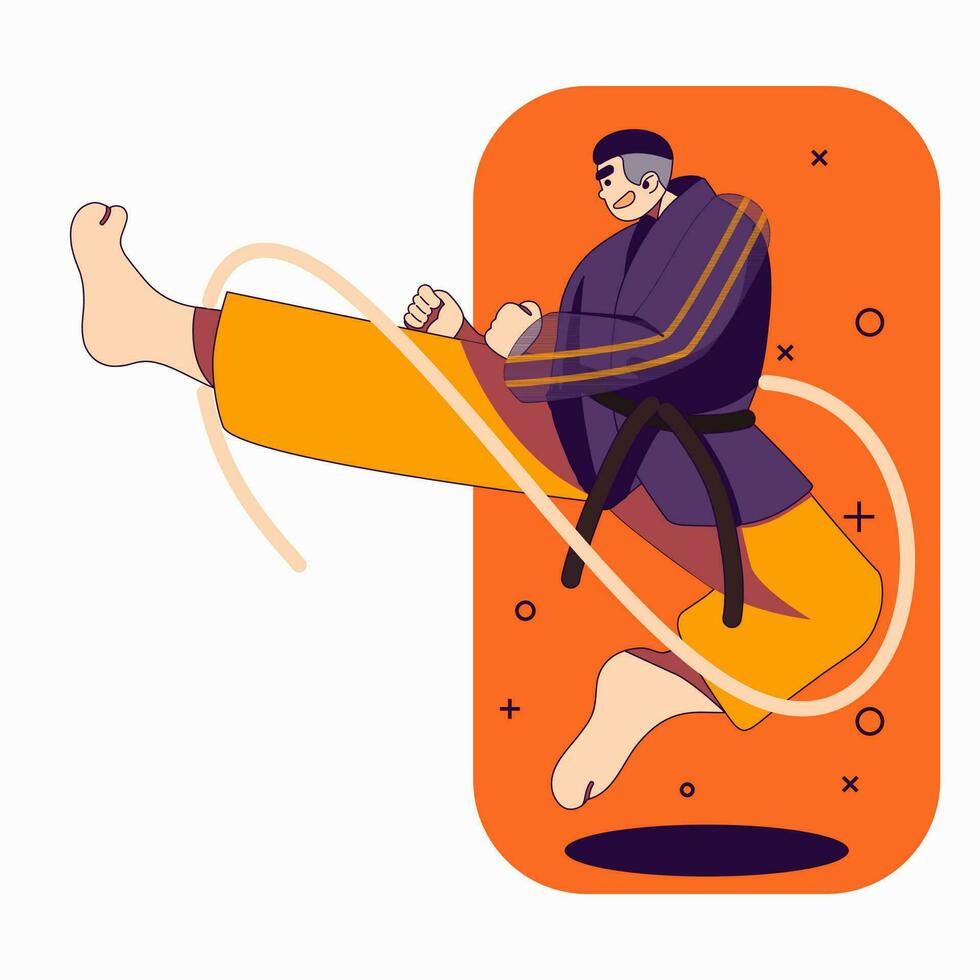 Karate man with kimono kicking movement flat design vector