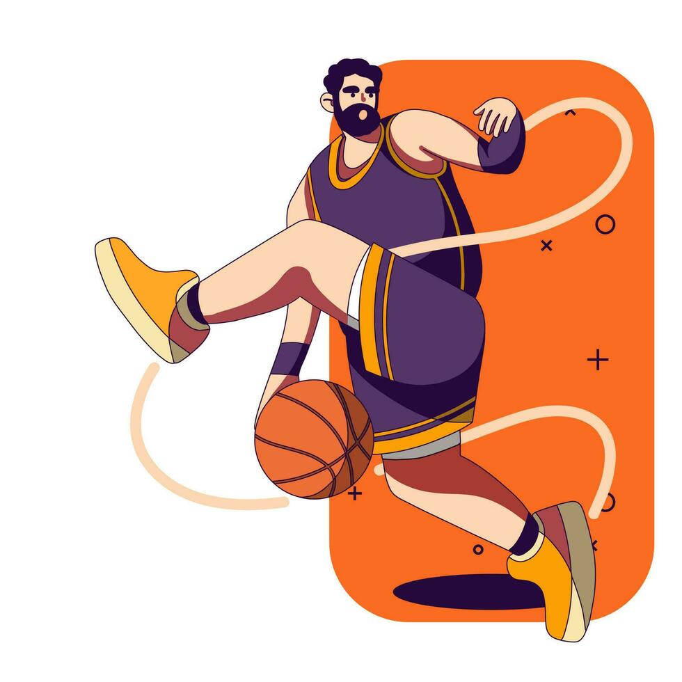 Basketball player hitting the ball by jumping flat design vector