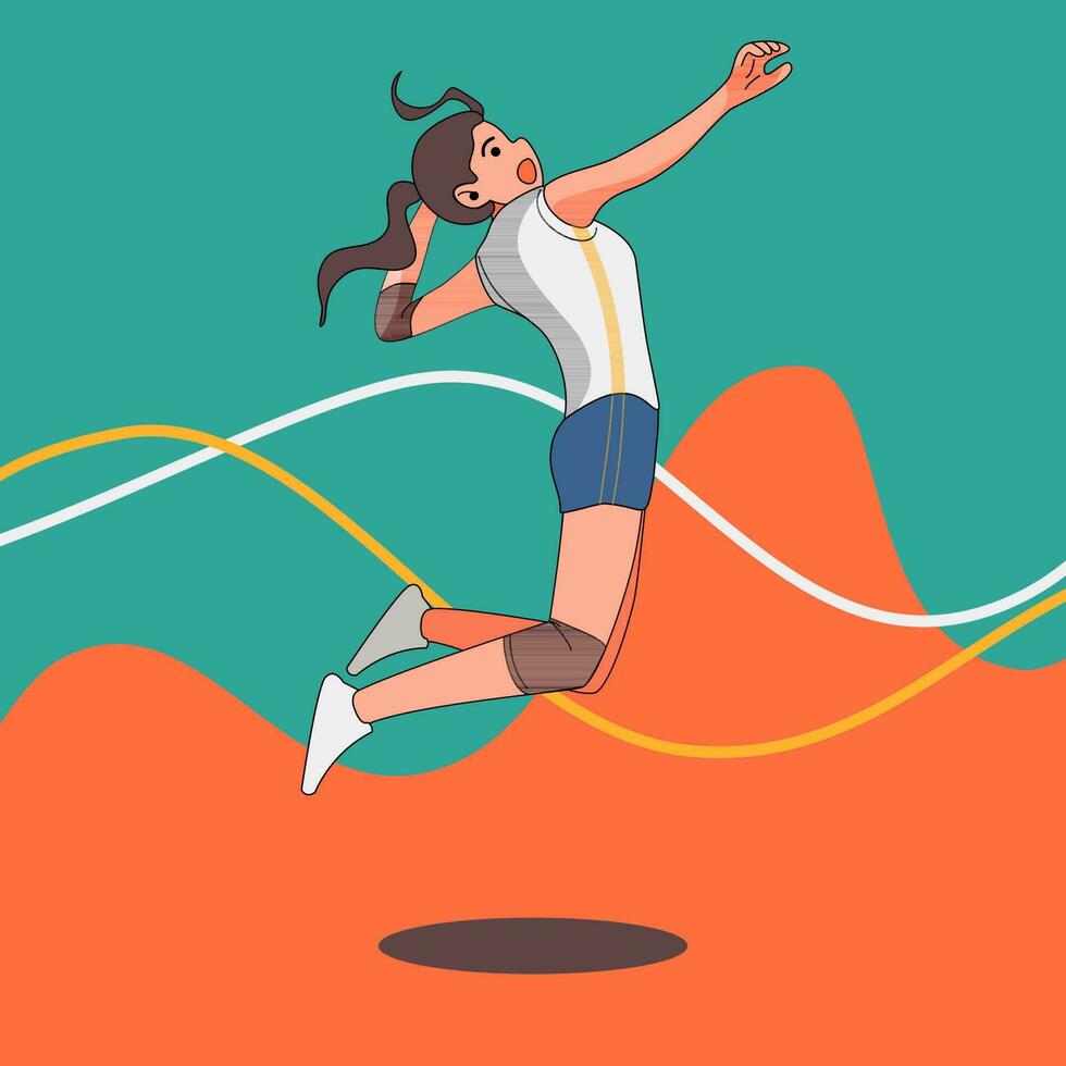 Female volleyball player jumping to smash pose flat design vector